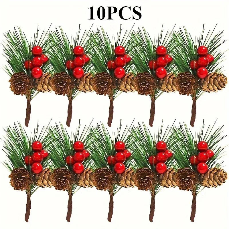 10pcs Set of Artificial Pine Cones and Red Berries - Perfect for