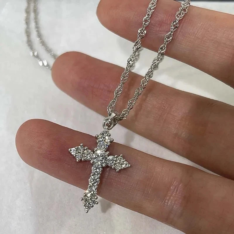 Shiny Crystal Zircon Cross Pendant Necklace for Women Girls Punk