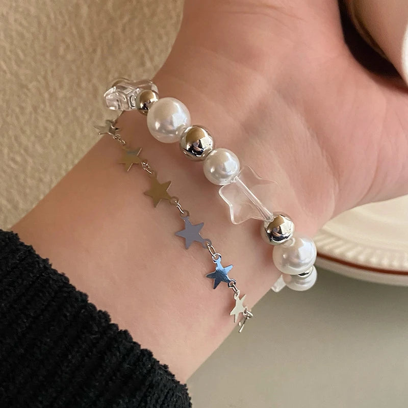Harajuku Crystal Star Pentagram Pearl Beaded Bracelet for Women