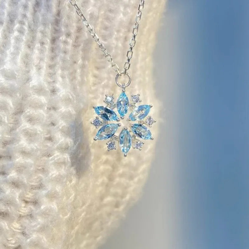 Fashion Blue Snowflake Flower Pendant Choker Necklace for Women's