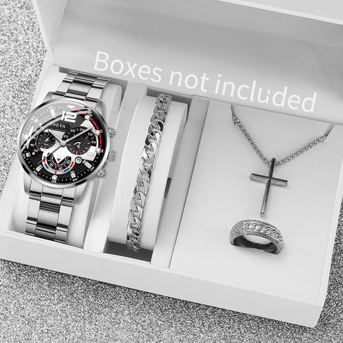 4PCS Men Business Watches Fashion Steel Band Analog Male's Quartz