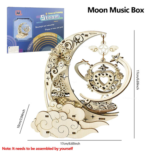 3D Wooden Puzzle Moon Star Model Music Box Building Kits Rotating
