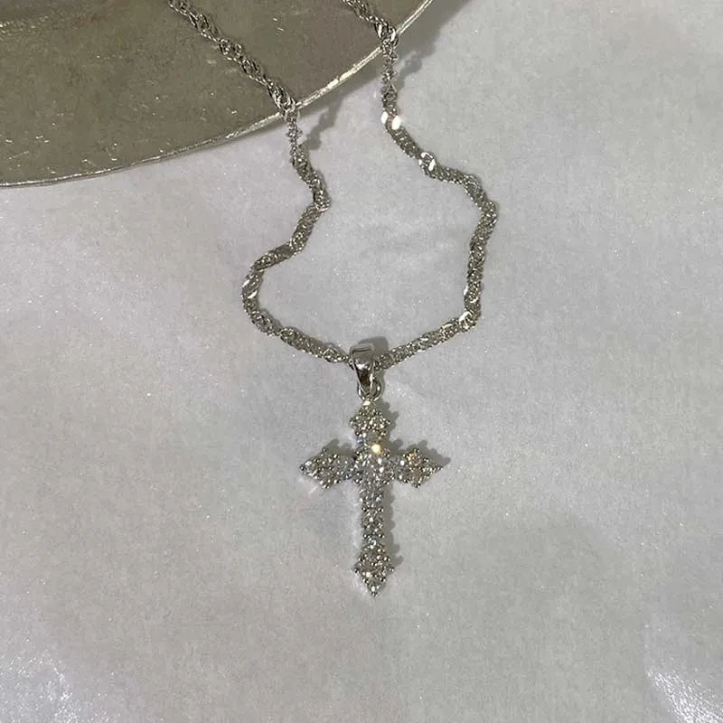 Shiny Crystal Zircon Cross Pendant Necklace for Women Girls Punk