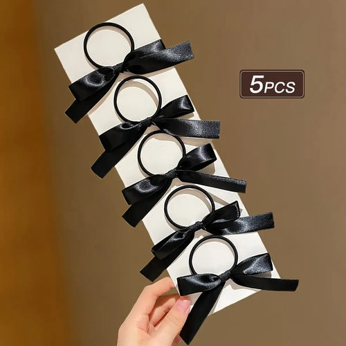 5 pieces of black, cute, bow-decorated hair ties for girls | Ideal for