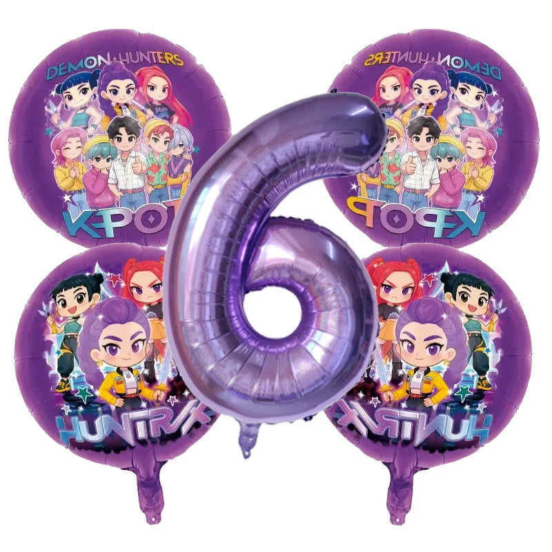 5pcs Kpop Demon Hunters Birthday Balloons Decoration Set Music Girl