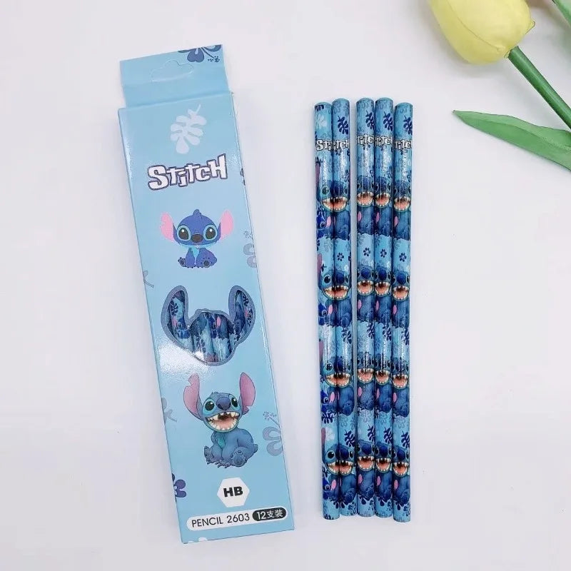 12 Disney Stitch Pencil Set Wooden Pencil Student Sketch Pen Writing