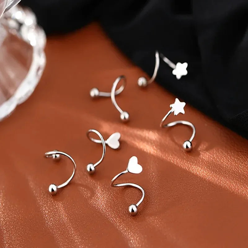 2pcs Stainless Steel Spiral Twisted Stud Earrings, Lip Piercing Heart