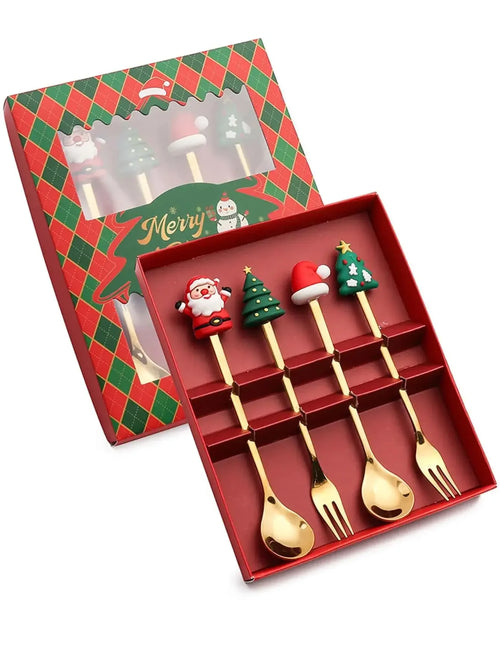 (2/4/6pc) Christmas Spoon and Fork Set Stainless Steel Creative