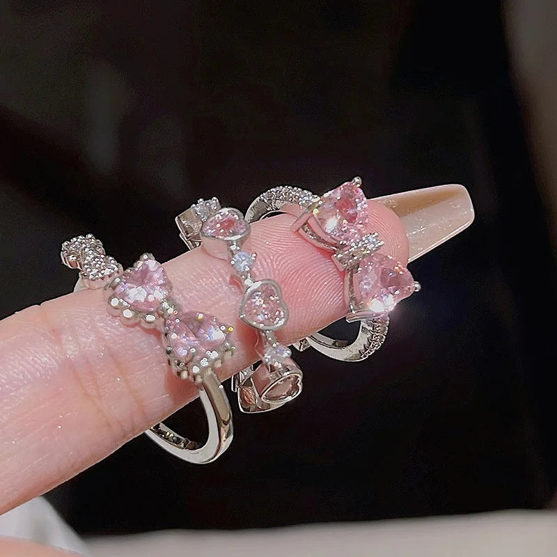 2PCS Fairy Sparkling Crown Rings for Women Teen Crystal Korean