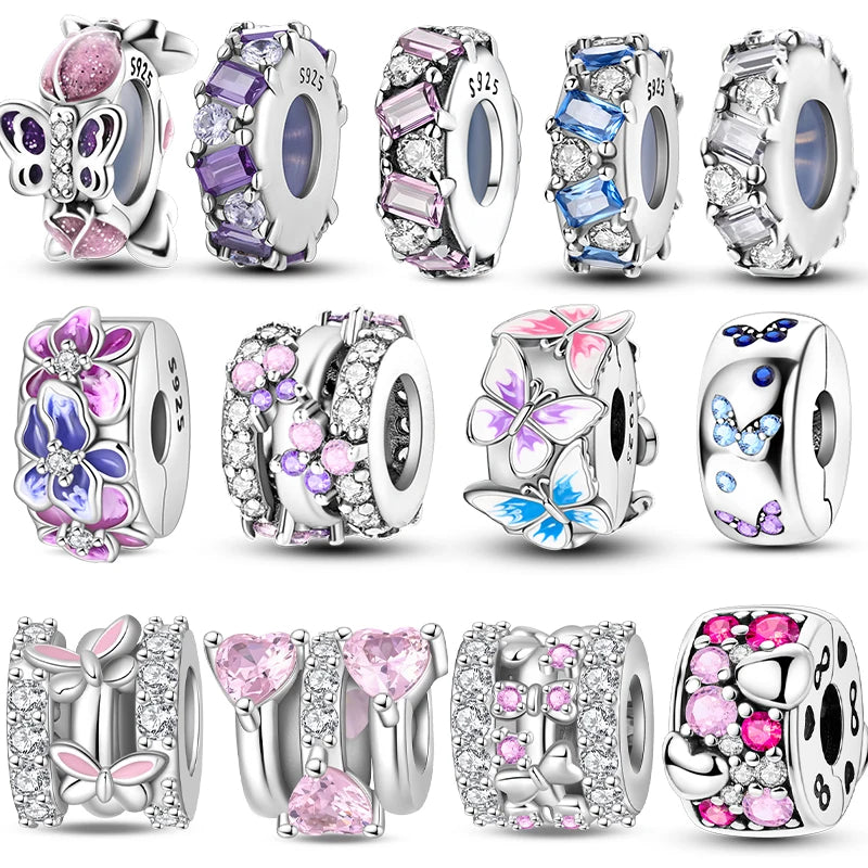 Original 925 Sterling Silver Clip Charm Inlaid Zircon Cat Butterfly