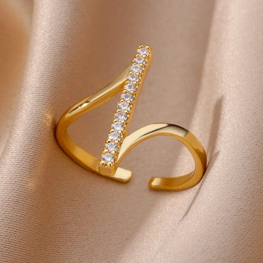 Zircon Geometric Rings For Women Gold Color Stainless Steel Opening