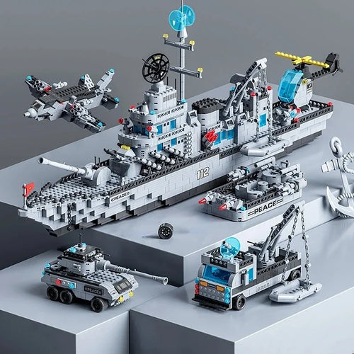 1560pcs 6 IN 1 Military Navy Ship Sets Building Blocks War Army Boat