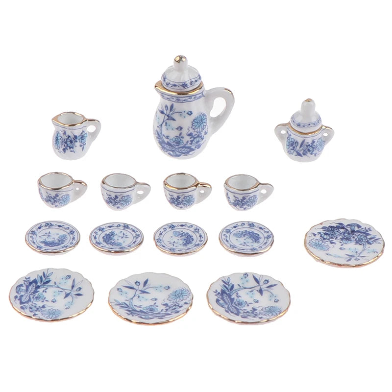 15Pcs 1:12 Dollhouse Miniature Tableware Porcelain Ceramic Tea Cup Set