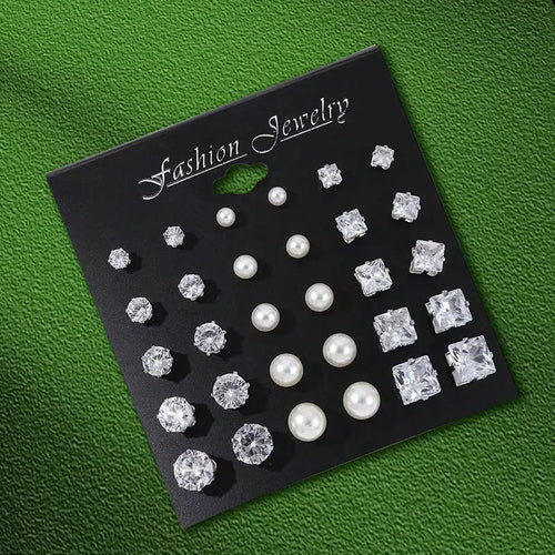 12 Pairs Set Stainless Steel Stud Earrings with Gemstone Buds Round