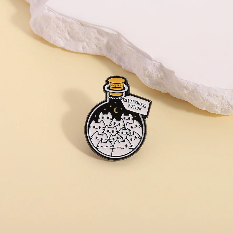 Cartoon Cat Happiness Potion Enamel Pin Cat Enthusiasts Metal Brooch