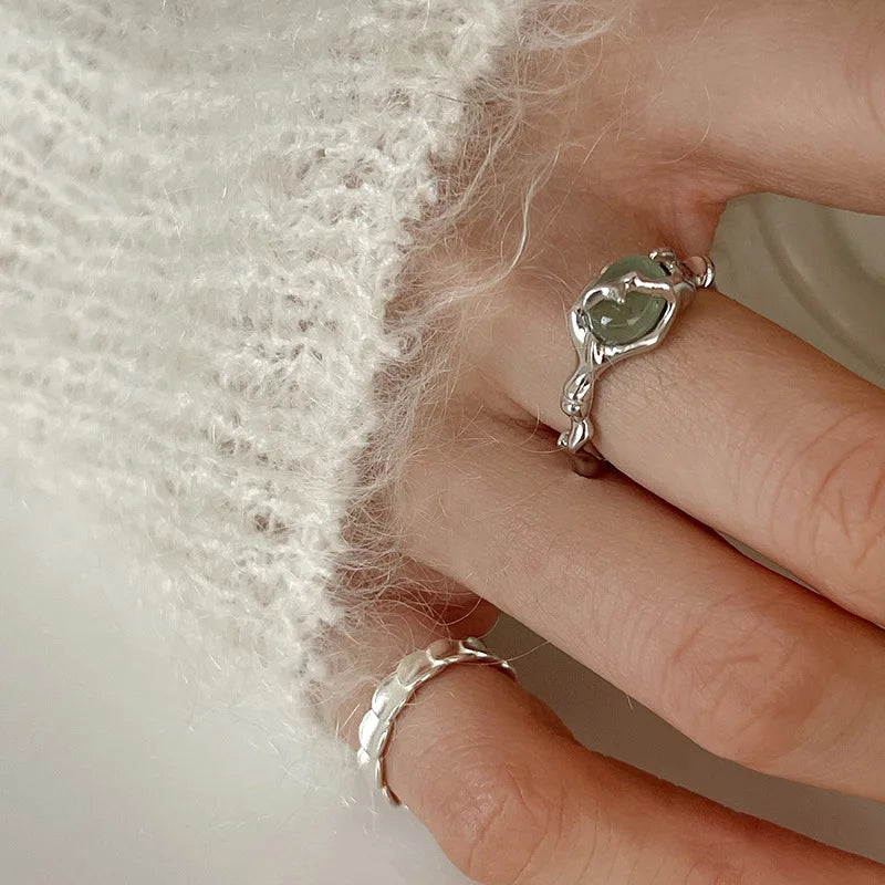 925 Sterling Silver plated Liquid Lava Hetian Jade Bamboo Ring for