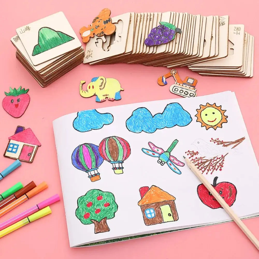 20pcs Montessori Kids Drawing Toys Wooden DIY Painting Stencils
