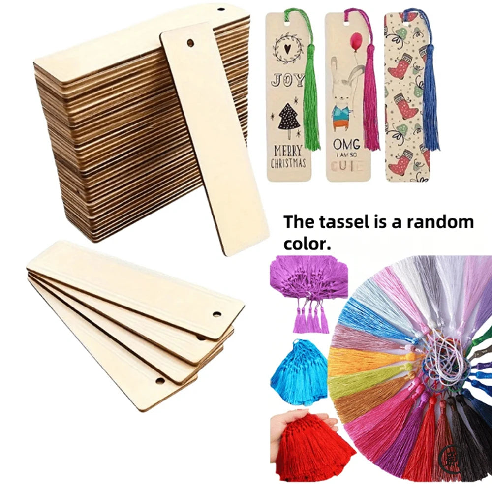 10/30/50/70Pcs Wooden Blank Bookmarks with Tassels Set DIY Wooden