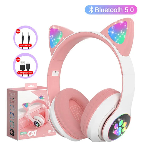 Flash Lamp Cute Cat Ears Headphone Bluetooth5.0 Stereo With Mic