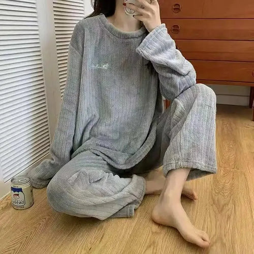 Soft Coral Velvet Jacquard Warm Pajama Set for Women Cozy Loungewear