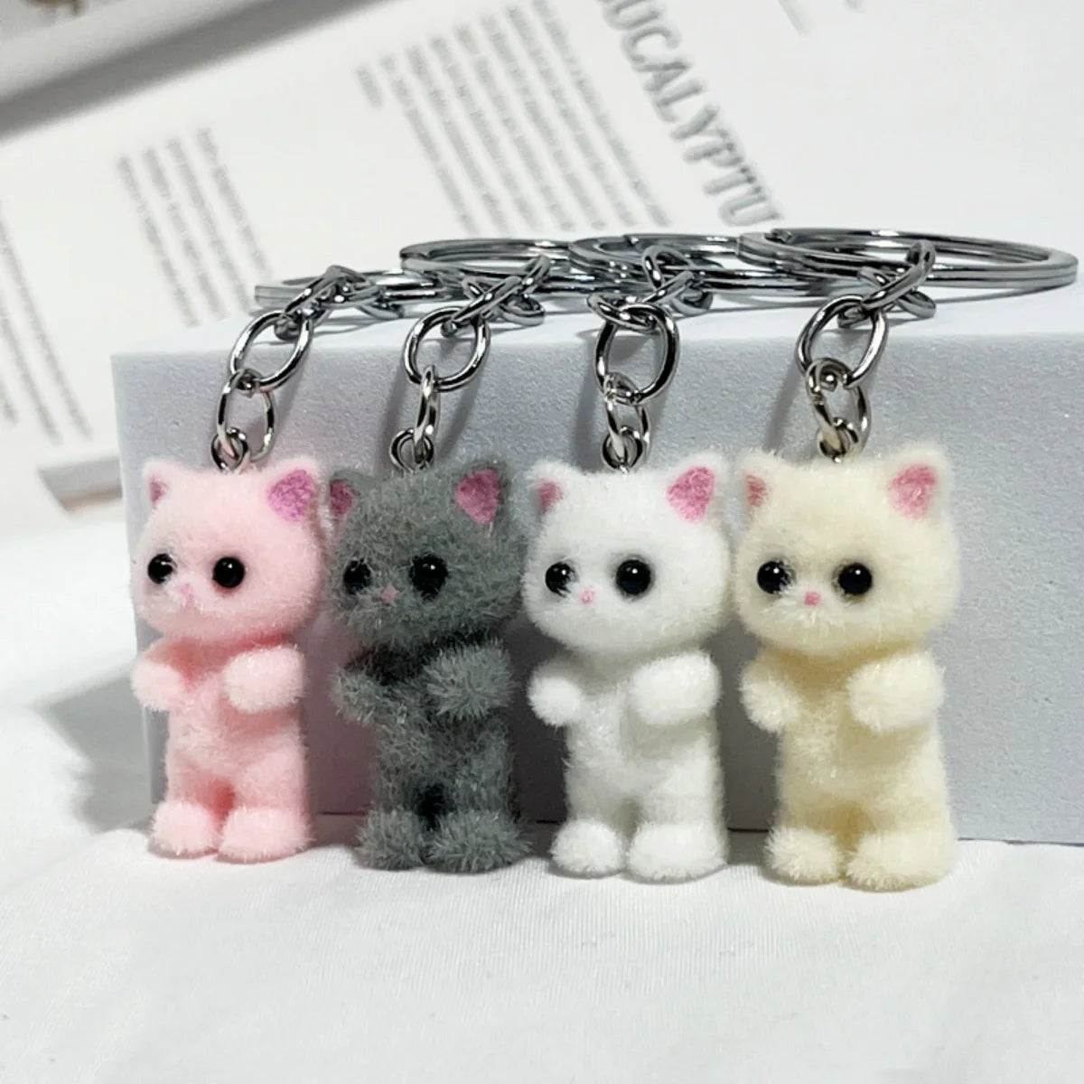 3D Cartoon Flocking Cat Keychain Kawaii Cat Key Ring Animal Key Chains
