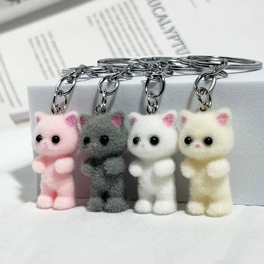 3D Cartoon Flocking Cat Keychain Kawaii Cat Key Ring Animal Key Chains