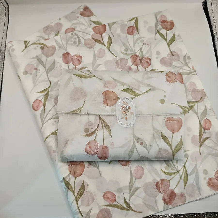 Elegant Tulip Patterned Tissue Paper Floral Design with Green Leaves