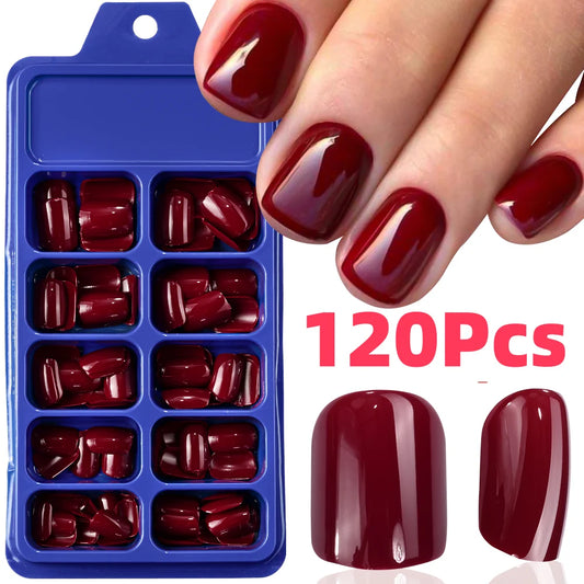 120Pcs Red Short Square Fake Nails Summer Glossy Full Cover Press on