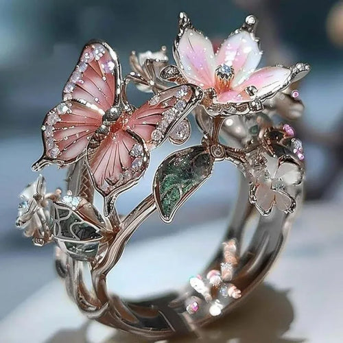 Aesthetic Flower Butterfly Rings for Female Romantic Rhinestone