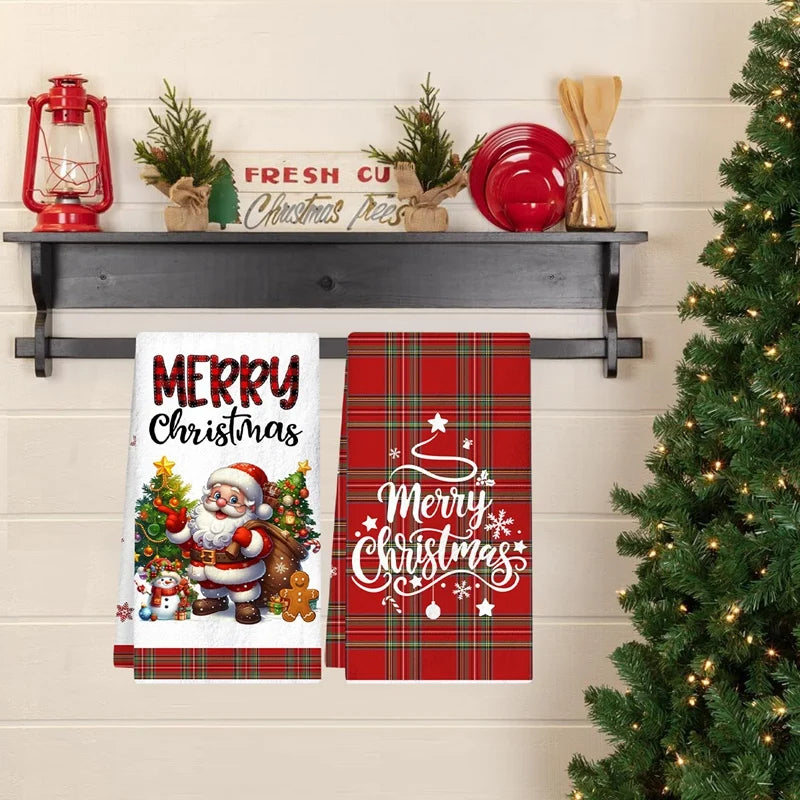 2pcs Christmas Kitchen Towels Buffalo Plaid Xmas Hand Towels Christmas