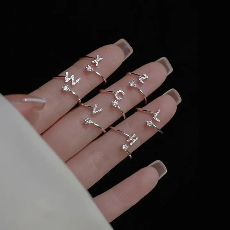 LATS Zircon Initial A-Z Letter Rings for Women Girl Adjustable Opening