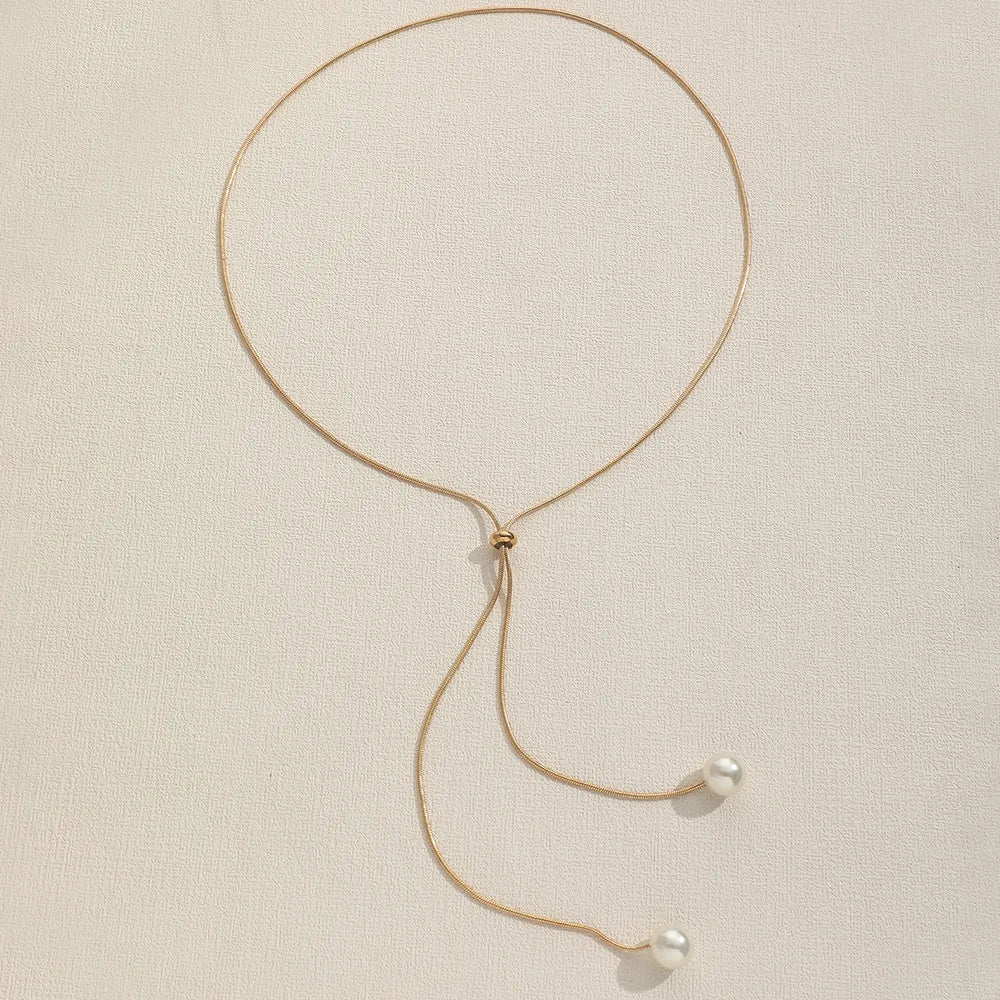Simple Faux Pearl Pendant Adjustable Long Sweater Chain Necklace