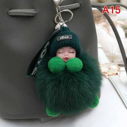 Pompom Sleeping Baby Keychain Cute Fluffy Plush Doll Keyholder Women