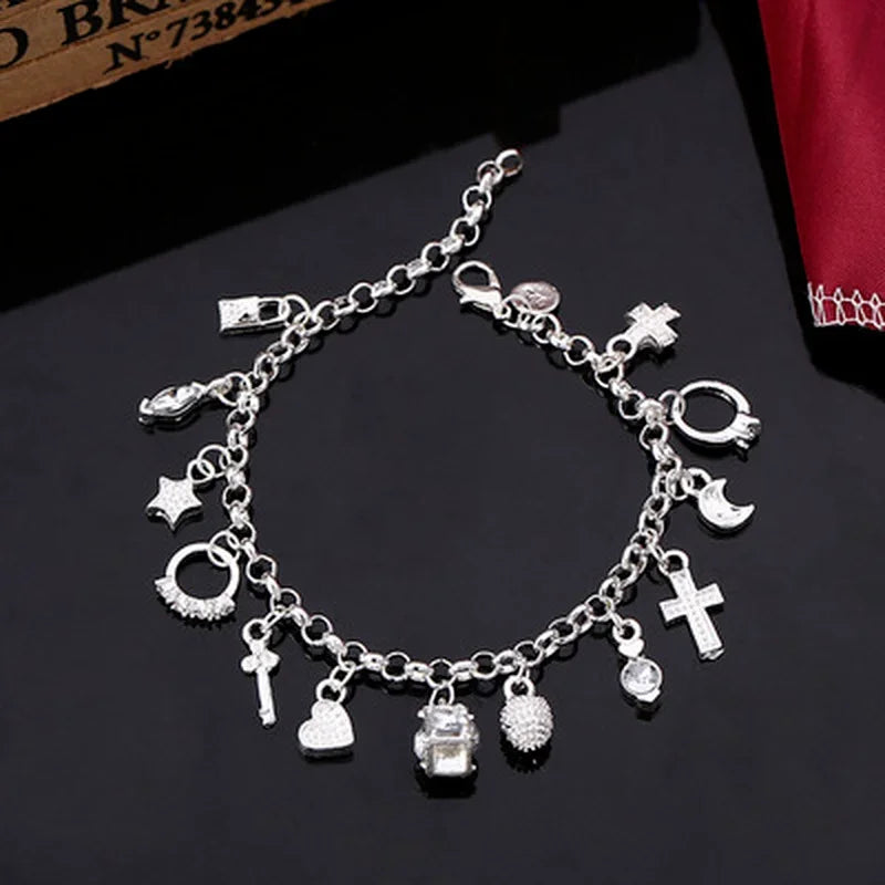 925 Sterling Silver Fashion 13pcs Pendant Chain Charm Bracelet for
