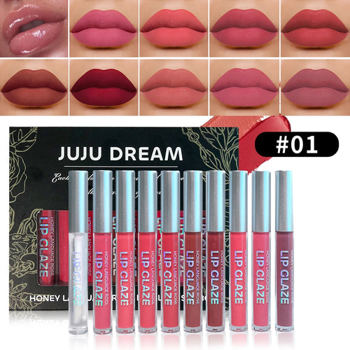 10 pcs/set Nude Lip Gloss Matte Velvet Lipstick - Matte Finish &