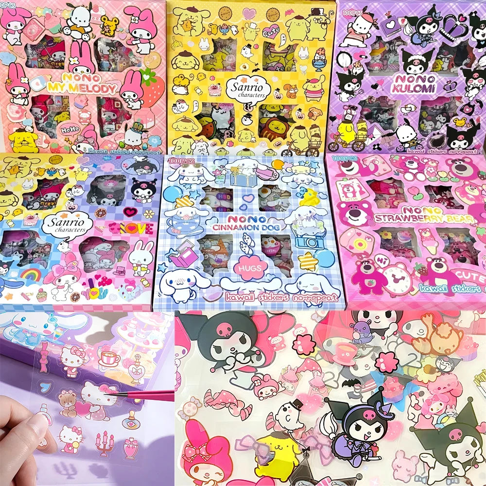 100pcs Cute Sanrio Stickers Kawaii Kids Girls Decals Toys Transparent