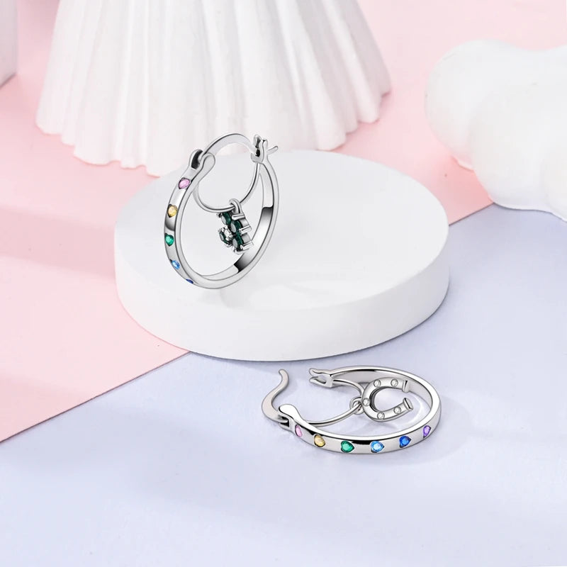 925 Sterling Silver Colored Zirconium Stars Hoop Earrings For Women