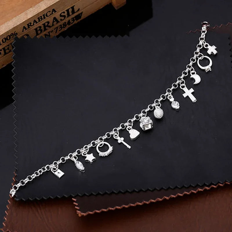 925 Sterling Silver Fashion 13pcs Pendant Chain Charm Bracelet for