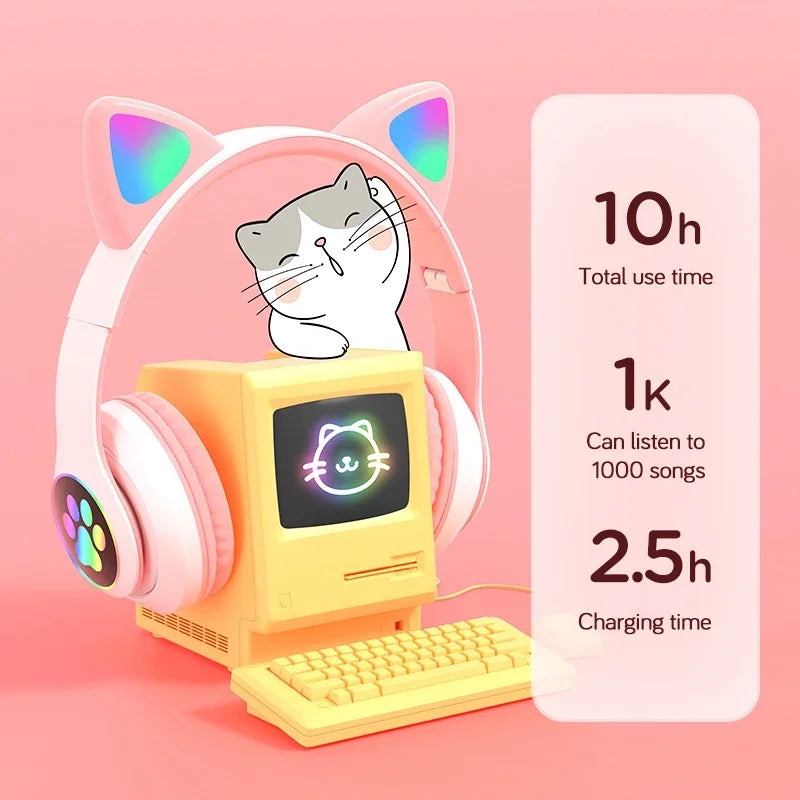 Flash Lamp Cute Cat Ears Headphone Bluetooth5.0 Stereo With Mic