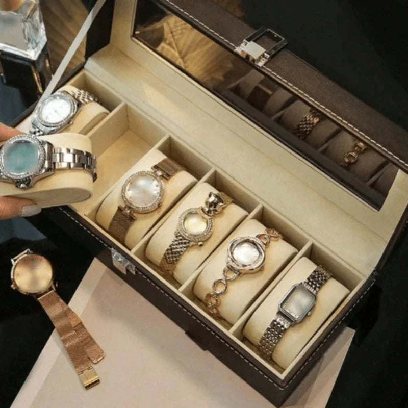 Luxury Watch Organizer Box,Faux Leather, Transparent Lid For Display,