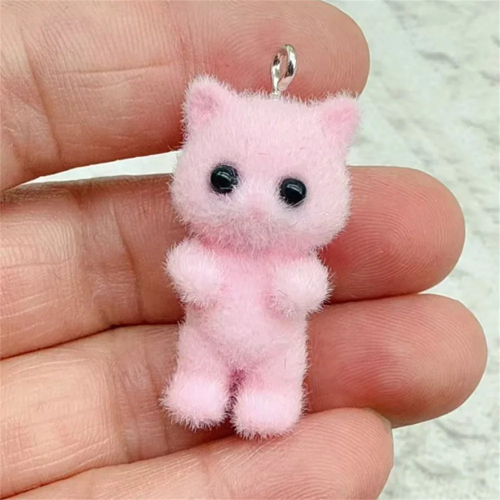 4pcs Kawaii 3D Fluffy Flocking Resin Cat Animal Charms Pendant