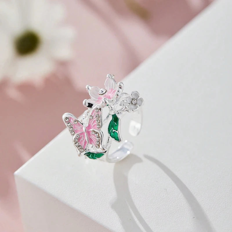 Aesthetic Flower Butterfly Rings for Female Romantic Rhinestone