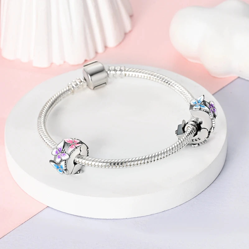 Original 925 Sterling Silver Clip Charm Inlaid Zircon Cat Butterfly