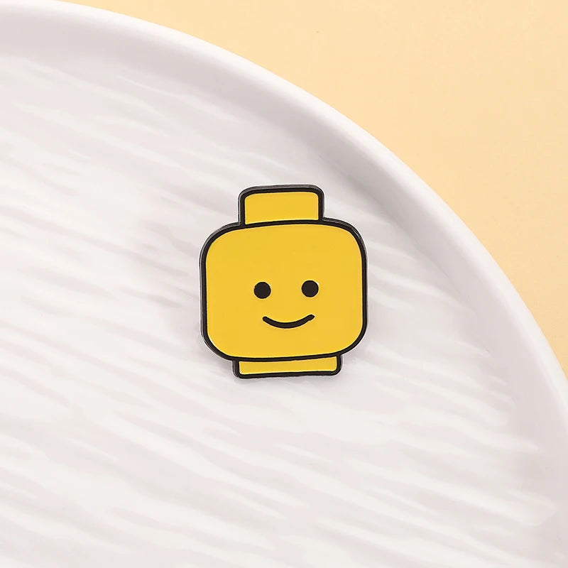 Funny Yellow Emoji Building Blocks Puppet Brooch Enamel Pins Cartoon
