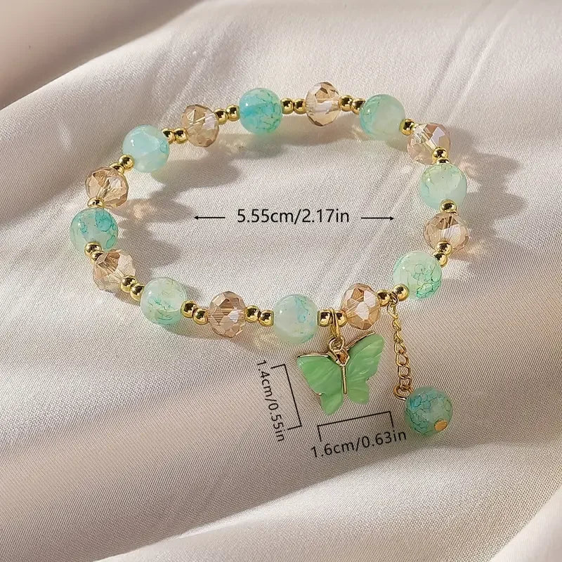 Purple Butterfly Charm Beaded Stretch Bracelet For Women Multi Color