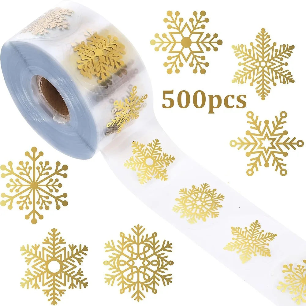 500pcs/Roll Golden Snowflake Christmas Stickers Transparent