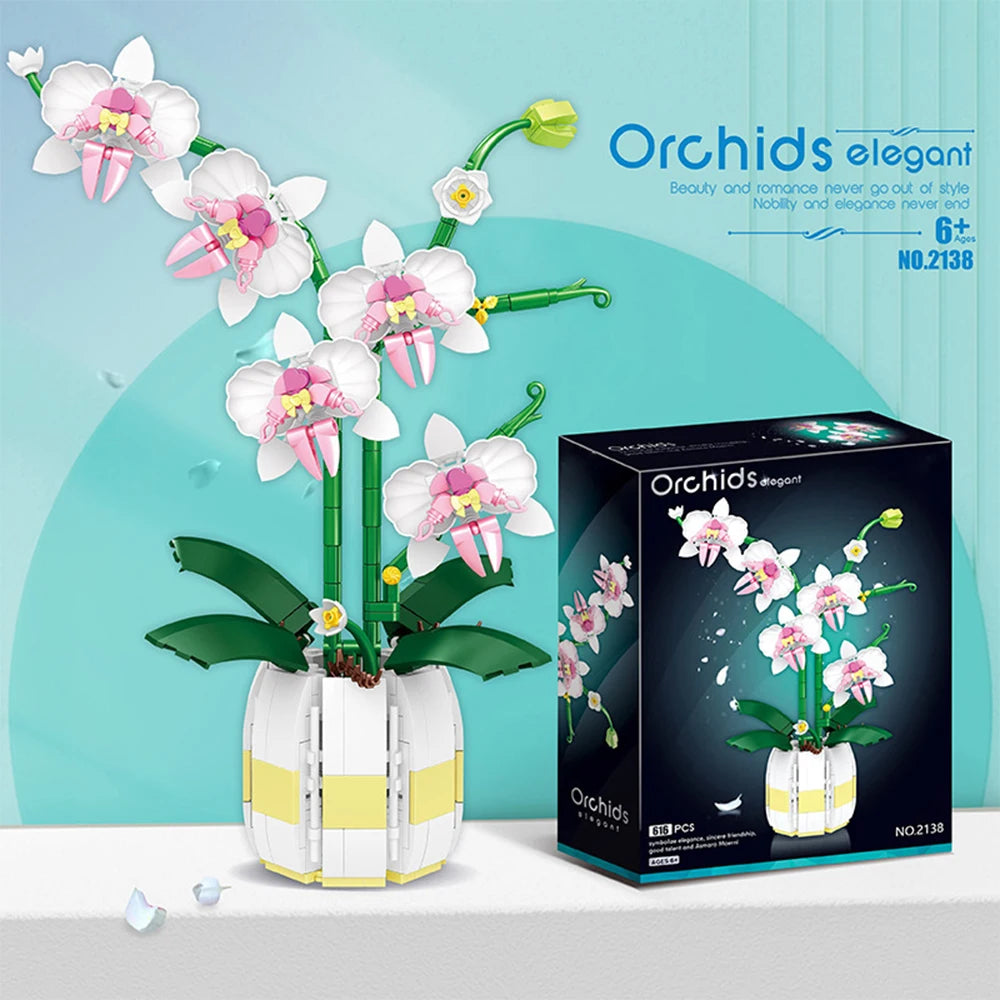 Building Blocks Orchid Flowers Bouquet Flower Blocks Bonsai Plant