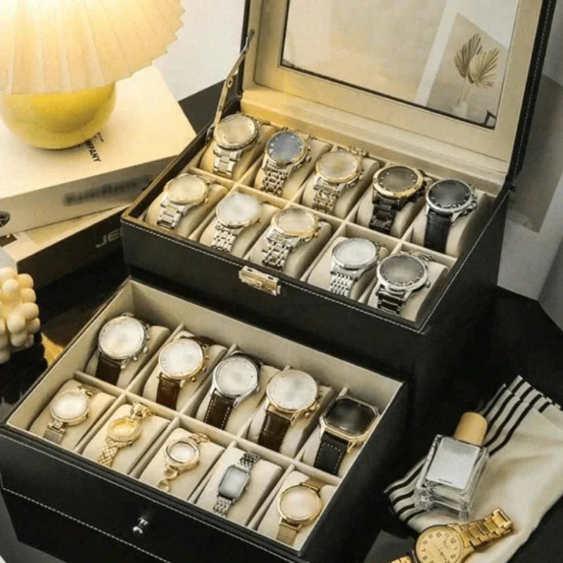 Luxury Watch Organizer Box,Faux Leather, Transparent Lid For Display,