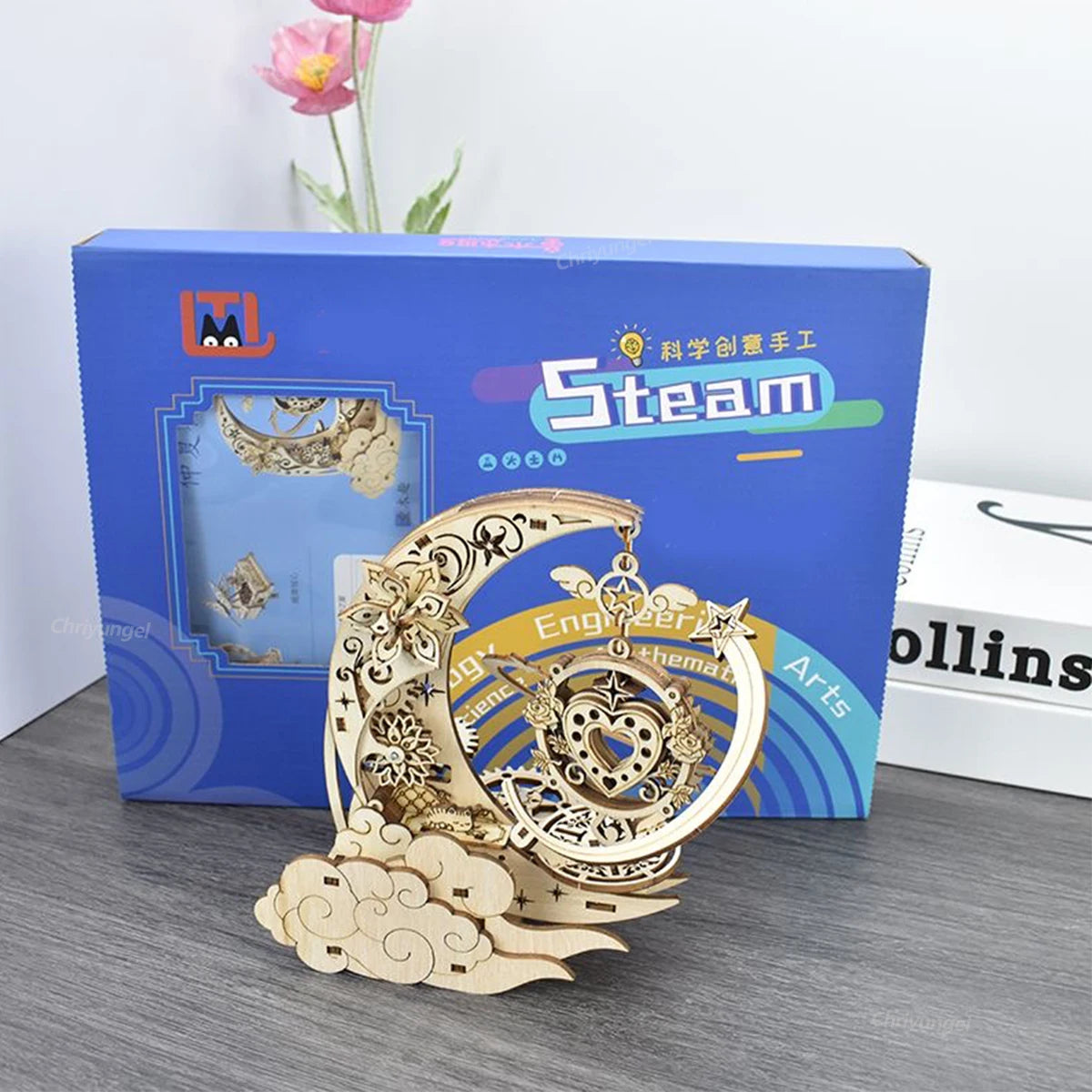 3D Wooden Puzzle Moon Star Model Music Box Building Kits Rotating