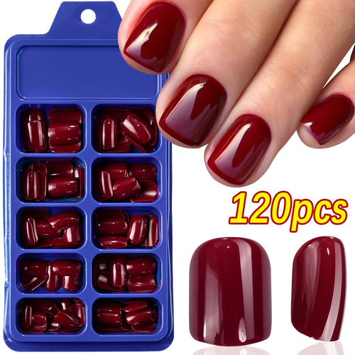 120Pcs Red Short Square Fake Nails Summer Glossy Full Cover Press on